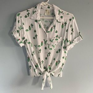 Japna Tie Front Cactus Print Button Up Shirt